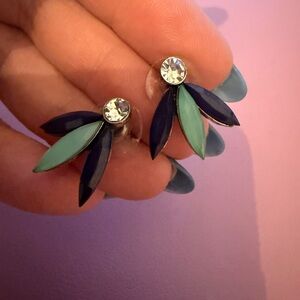 Crystal Stud Earrings with Navy and Mint Leaf Accents
